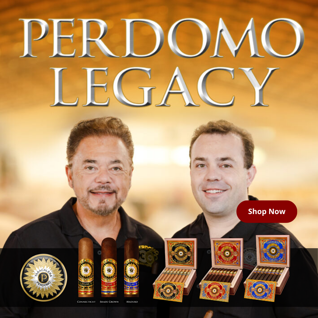 Perdomo Legacy Series cigars with Connecticut, Sun Grown, and Maduro wrappers, displayed at Open Door Cigars in Fayetteville, Arkansas.